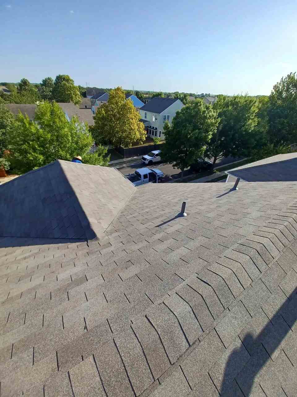 A rooftop with trees and a clear blue sky in Austin